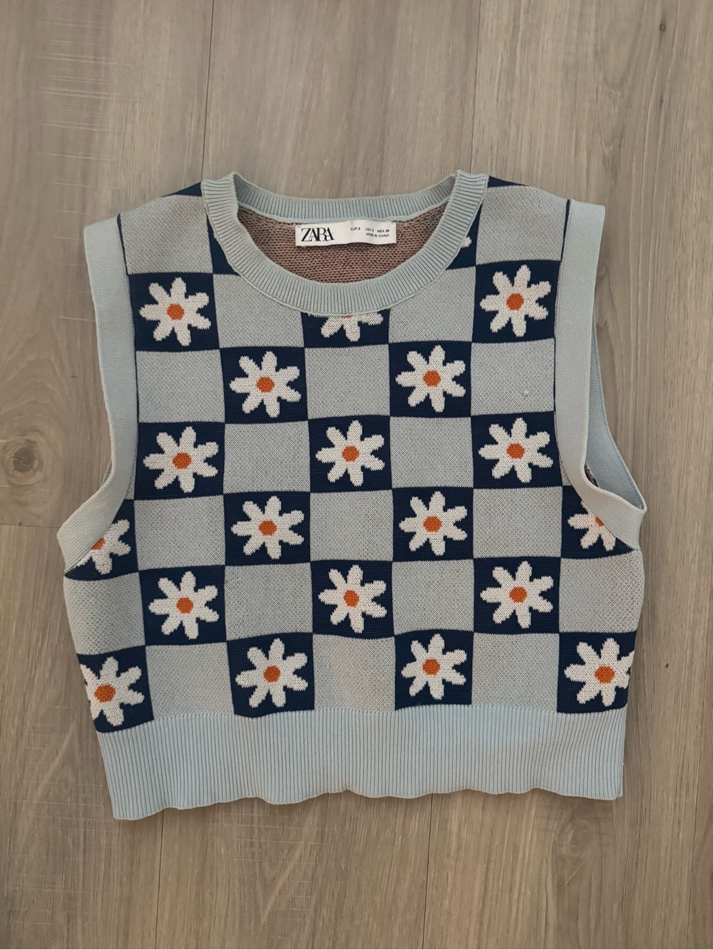 ZARA Light Blue Daisy Check Knit Vest